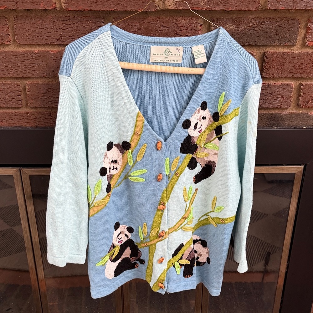 Blue Embroidered Panda Cardigan Sweater